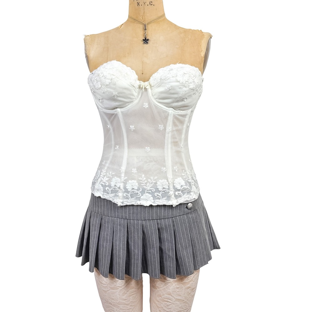 90s Sheer Mesh Floral Embroidery Corset Bustier Garter Straps Coquette Size 32C